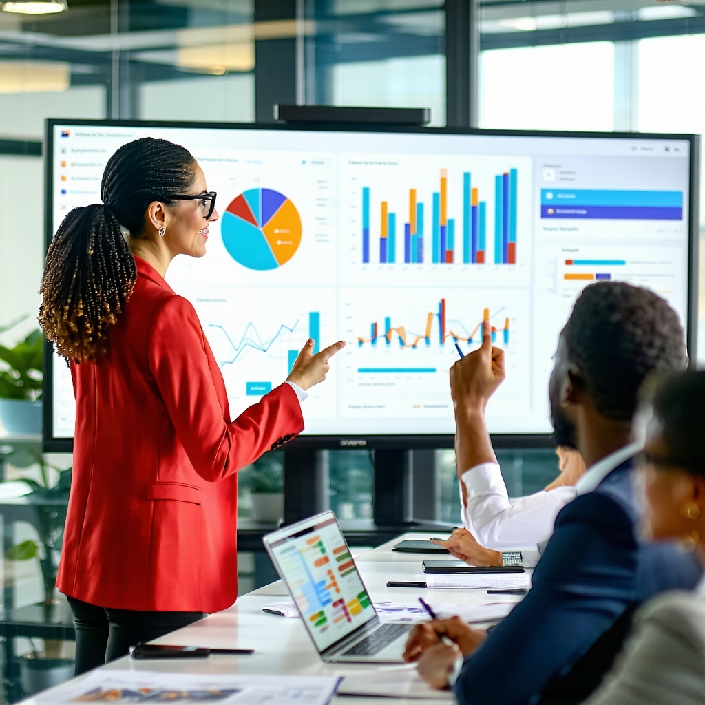 The image depicts a modern office environment where a diverse group of professionals is engaged in a dynamic training session In the foreground a facilitator a middleaged woman with glasses and a bright blazer is energetically demonstrating a concept-1
